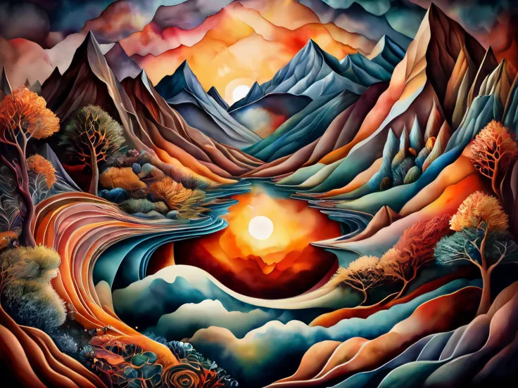 A valley surrounded by mountains, reflecting the setting sun in a rich and vivid display.

3d, swirling watercolor.

Surreal Harmony,
illusionix
<lora:illusionix:1>
<lora:Surreal Harmony:0.4>