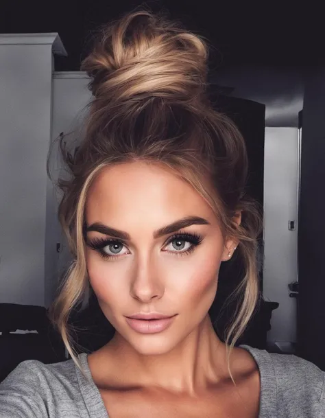 photo of a gorgeous girl, messy bun hair, nighttime, sexy