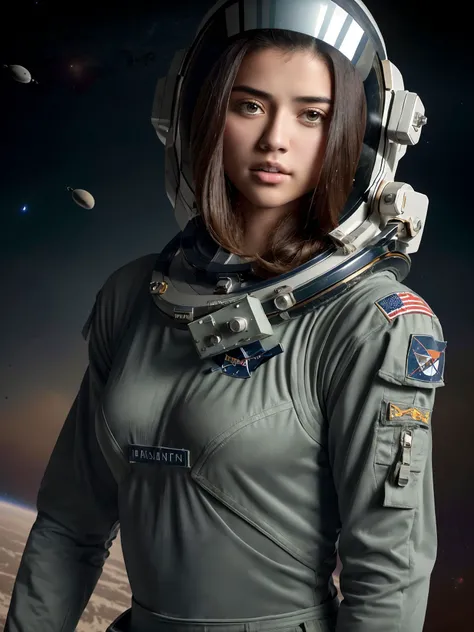 detailed photo portrait of ((cr1styren)), beautiful woman, face, detailed eyes, hair, 1girl, (photographic:1.3), (RAW photo:1.3), (ultra wide lens:1.3), (far shot:1.3), (an astronaut taking selfie floating on space:1.4), soldier, spacesuit, holding a sword...