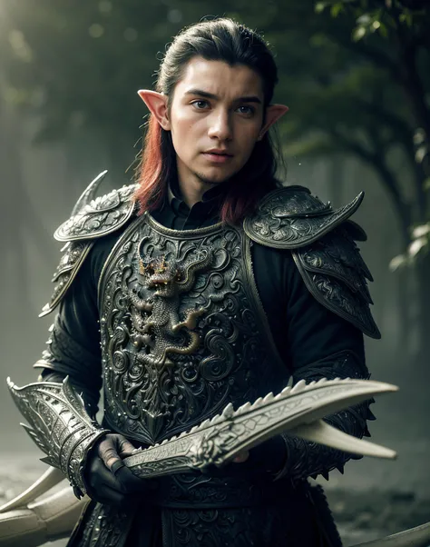 (photorealistic:1.4) (sharp focus:1), close shot, raw fantasy photo of 25 year old boy as a wild elf, long hair, (pointed ears:1.3), (daylight:1.5), (in thematic magic fantasy mountain forest background), wearing (intricate dragon engraved:1.6) (dragon bon...