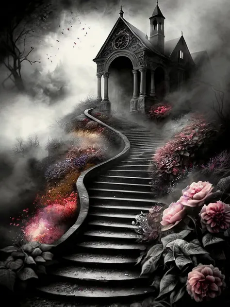 flowers, mist, stairway to heaven.

selective color. Rustic. Atmospheric. Moody. 

Fantasy style. Fantasy dreamlike art. Swirling watercolor.

illusionix
<lora:illusionix:1>