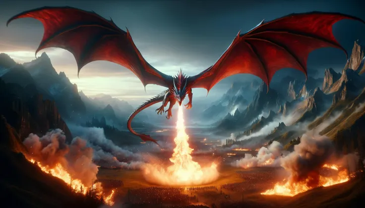 A cinematic digital fantasy photograph in widescreen format, depicting a majestic red dragon swooping down over a battlefield. The dragon, with both front and back legs and wings, is breathing fire intensely as it descends. The scene is set in a dramatic l...