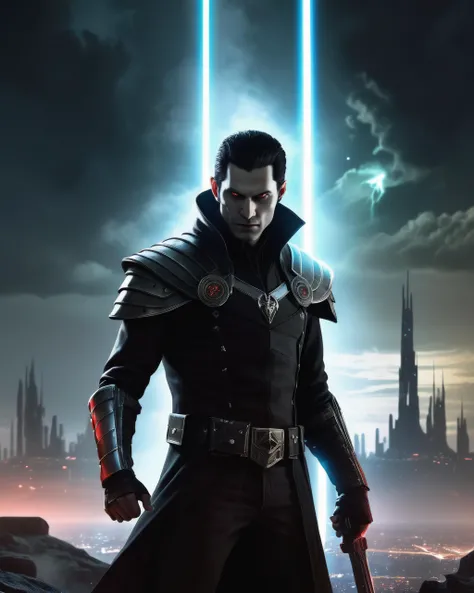 A accompanied vampire with glowing  features, wielding a laser sword . They stand at the edge of a dystopian cityscape, under a nebula-filled night sky  sky. The scene unfolds during a tense standoff , highlighted by flickering  light. Surrounding elements...