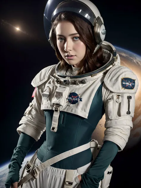 detailed photo portrait of ((emmafuhrmann)), beautiful woman, face, detailed eyes, hair, 1girl, (photographic:1.3), (RAW photo:1.3), (ultra wide lens:1.3), (far shot:1.3), (an astronaut taking selfie floating on space:1.4), soldier, spacesuit, holding a sw...