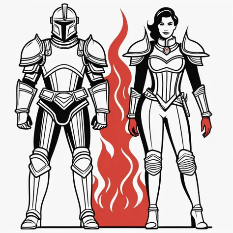 a man and a woman stand side by side in armour (emblazoned with an occult fist surrounded by flames).,propaganda old poster,hand drawn,printed,silkscreen,