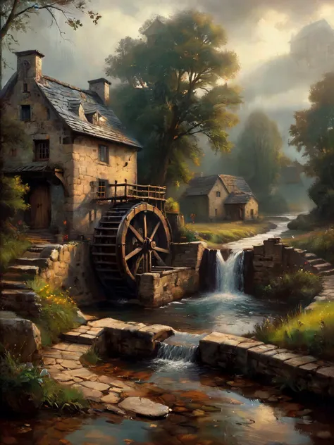 A waterwheel, slowly turning as the river flows by,

Fantasy style, fantasy dreamlike art, rustic, cobblestone paths. Atmospheric, moody, misty, archaic,

<lora:MJ52:0.5>
<lora:ClassipeintXL2.1:1>