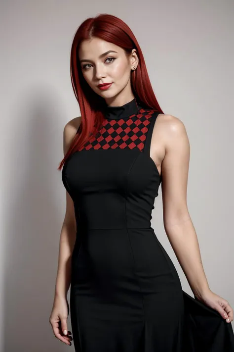 ((Masterpiece, best quality,edgQuality)),smirk,smug,
edgAyre, red hair,red eyes, huge breasts, 
<lora:edgAyre_AC6:1>
edgpdress, a woman wearing a (pencil_dress, a woman wearing a black and white checkered pencil_dress:1.125) <lora:edgPencilDress_MINI:0.8>