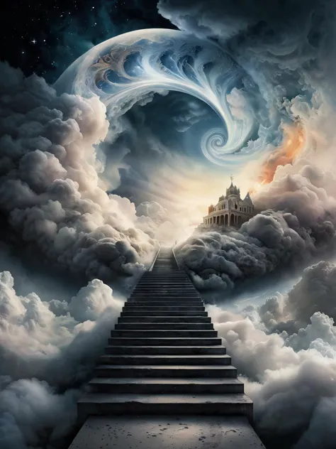 a stairway leading to a castle in the clouds