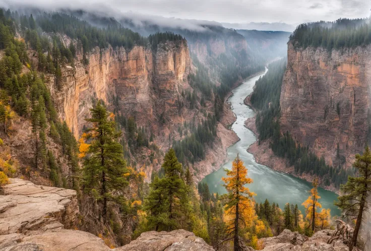 A high cliff edge overlooking deep mountain canyon, view from cliff top looking down, pine trees, river flowing in the bottom of canyon, bright overcast day, light hazy fog over canyon, bright colors