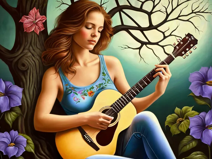 Guitar, woman, flowers, tree,

illusionix
<lora:illusionix:1>
