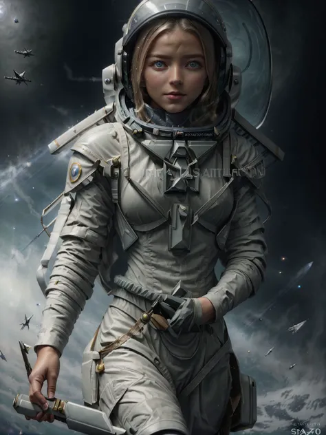 detailed photo portrait of ((Bell4L0b4t001)), beautiful woman, face, detailed eyes, hair, 1girl, (photographic:1.3), (RAW photo:1.3), (ultra wide lens:1.3), (far shot:1.3), (an astronaut taking selfie floating on space:1.4), soldier, spacesuit, holding a s...