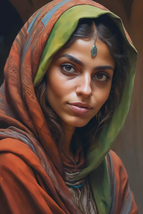 Swirling, arthouse, underpainting, epic fantasy, Photorealism, Exquisite Bedouin Female, wearing Elf suit, Smirking, UHD