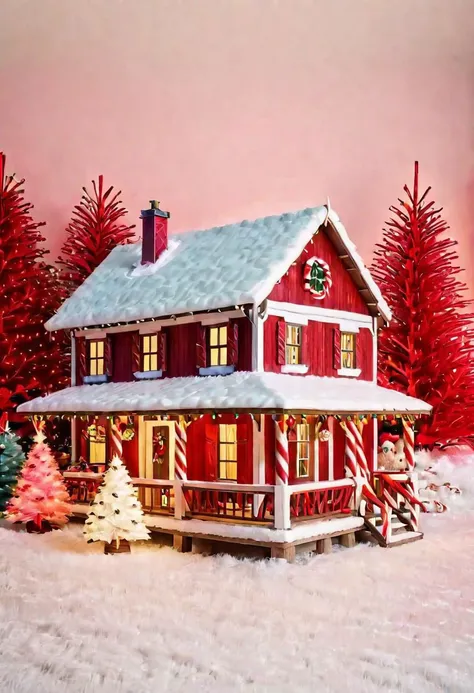 a wooden country house decorated with Christmas decorations and a decorated Christmas tree next to it, white and red color, digital art style, hight quality,detailed, colorful aura, brightly