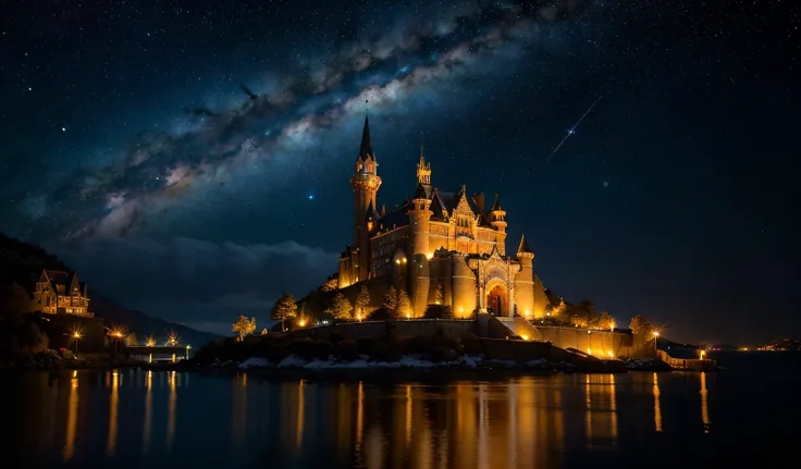 (photorealistic:1.6), A beautiful castle on an island in a calm mountain lake at night, stars light the (dark sky:1.5) slightly, winter, partially frozen lake, fire light only, intricate, detailed, 4k, volumetric lighting, beautiful, rich deep colors, shar...