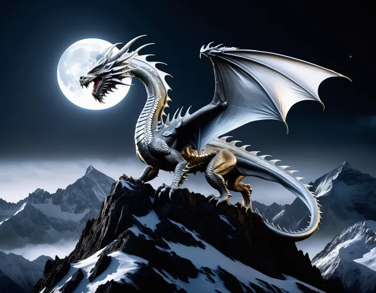 a masterful digital fantasy photograph, a metallic Silver dragon sits atop a majestic mountain peak, moonlit, night, cinematic, extremely detailed, intense lighting, epic, winter night, sharp focus, 16K, digital photo, (subsurface scattering:0.9)