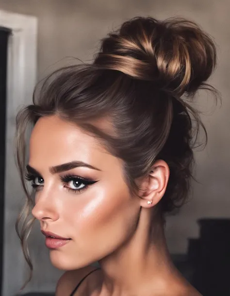 photo of a gorgeous girl, messy bun hair, nighttime, sexy