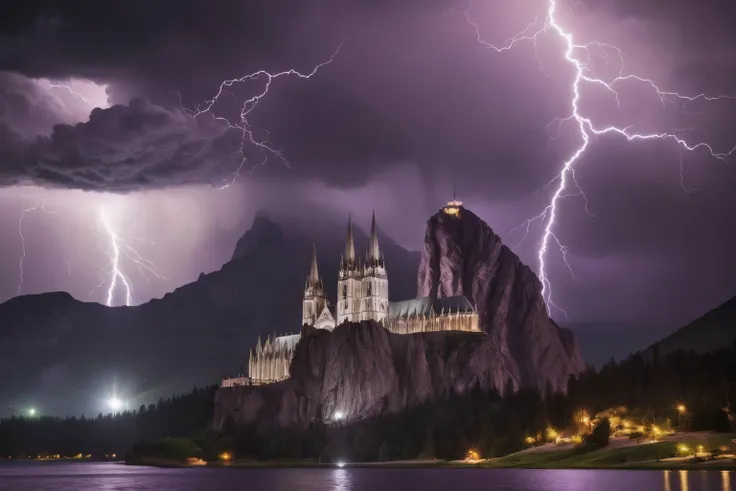 photograph of a massive cathedral at the foot of a majestic mountain, lake in the foreground, raging thunderstorm, (evil face in the clouds:1.3), (black and purple in the sky:1.1), lightning flashing in the sky, lights and lightning reflecting off the lake