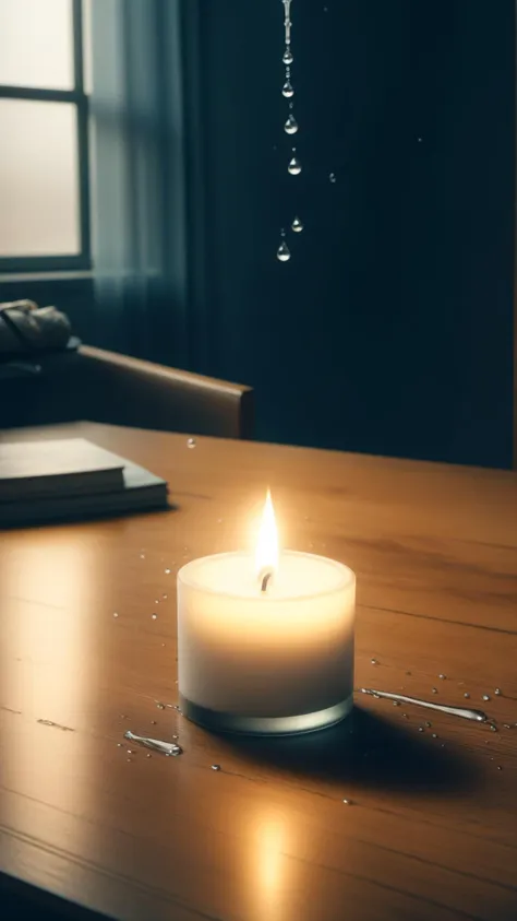 <lora:ElementWater:0.8>ElementWater Highly detailed, Realistic rendering, Soft light, Golden hour, Warm colors, Dark background, Shallow depth of field, Dust particles, Dripping candle wax, Vintage candle, Beam of light, Wooden table, Rough texture, High c...