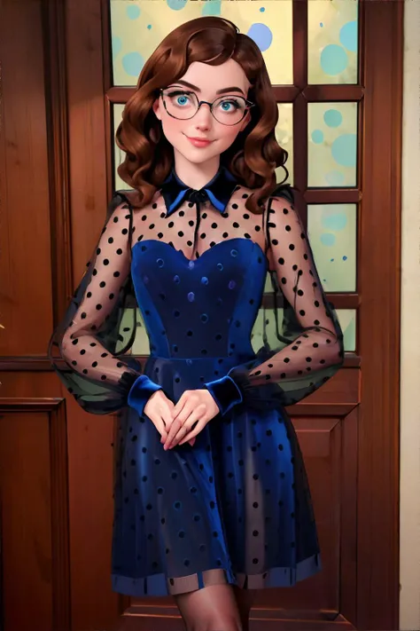 <lora:bluevelvetpolkadotdress-freckledvixon:0.5>, v3lv3tp0lk4d0t,long sleeves,velvet dress,blue dress,see-through sleeves, polka dot pattern, <lora:bzl:0.8>, bzl_test, short wavy brown hair, (grey|blue) eyes, glasses, (freckles:0.4), closed smile || skin, ...