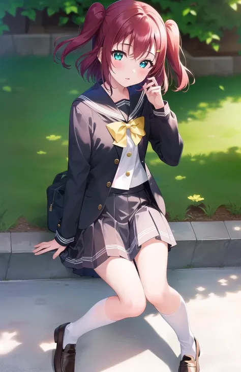 
ruby kurosawa, aqua eyes, medium hair, red hair, two side up, twintails,  <lyco:rubykurosawa-lyco-nochekaiser:1.0>,
black socks, bow, bowtie, brown footwear, buttons, grey sailor collar, grey skirt, loafers, long sleeves, miniskirt, pleated skirt, sailor ...