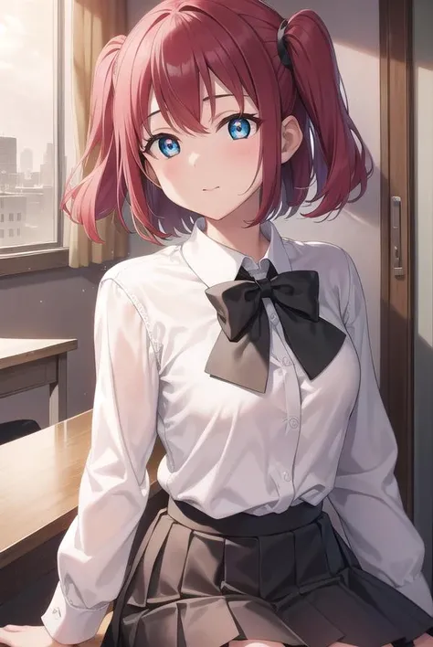 rubykurosawa, <lyco:rubykurosawa-lyco-nochekaiser:1>, 
ruby kurosawa, aqua eyes, medium hair, red hair, two side up, twintails, (flat chest:1.2), 
BREAK black socks, bow, bowtie, brown footwear, buttons, grey sailor collar, grey skirt, loafers, long sleeve...