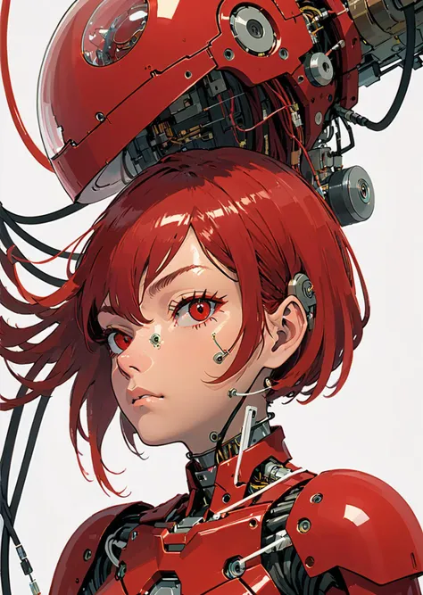 anime girl with red hair and a robot head