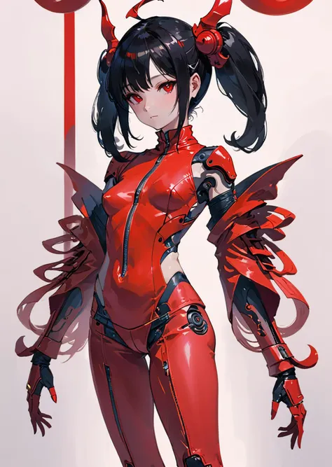 1 demon girl
mechanical arms
gradient color
(red leather turtleneck tight with zipper),
black long hair
geisha
 (art by Yoshitaka Amano )