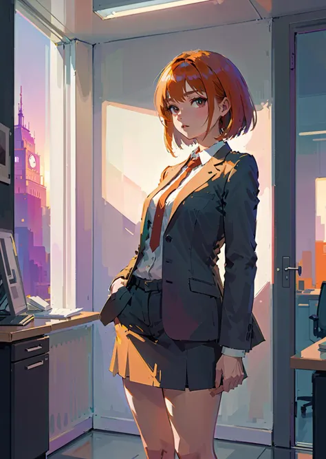 anime girl in a suit standing in front of a window