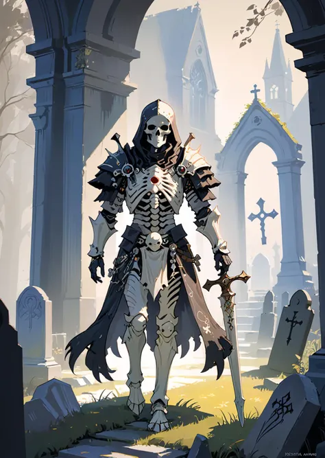 a cartoon image of a skeleton dressed in a skeleton suit standing in a graveyard