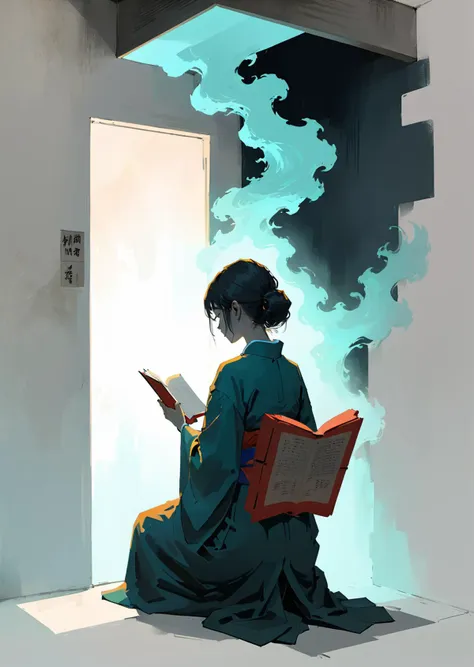 anime girl reading a book in a doorway with a cloud coming out