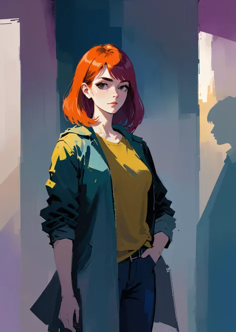 a painting of a woman with red hair and a green jacket