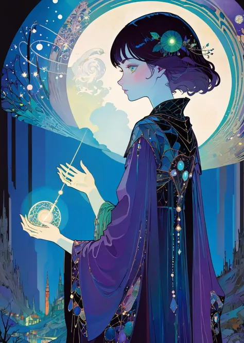 a woman in a purple dress holding a crystal ball in her hand