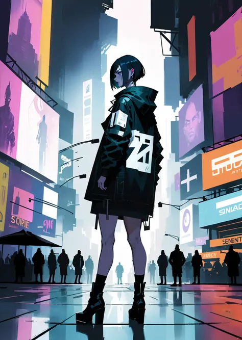 a woman in a futuristic city with neon lights and people