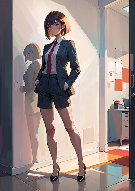 anime - style woman in business attire standing in a doorway