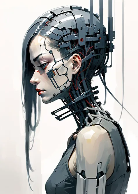 a close up of a woman with a futuristic head and wires