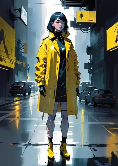 a woman in a yellow raincoat standing on a city street