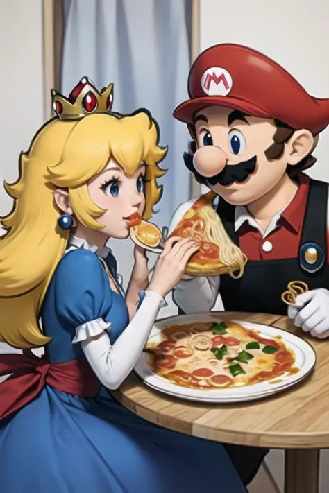 princess peach eating ramen with super mario eating a pizza, princess peach dress Electric Blue <lora:SuperMario:0.88> <lora:PaperMario:0.88><lora:mypizza:0.88>