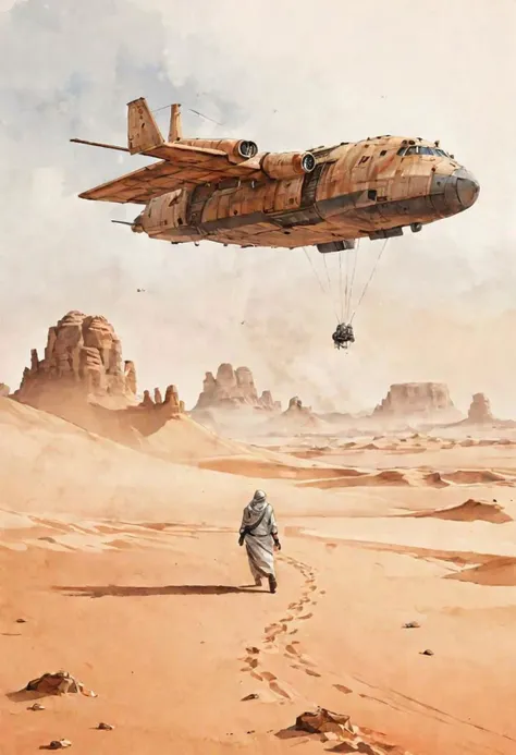 painting of a man walking in the desert with a helicopter flying above