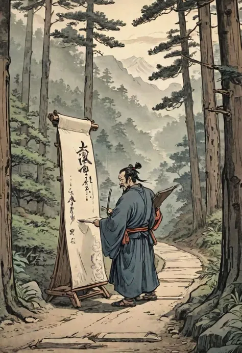 a painting of a man in a blue robe holding a scroll