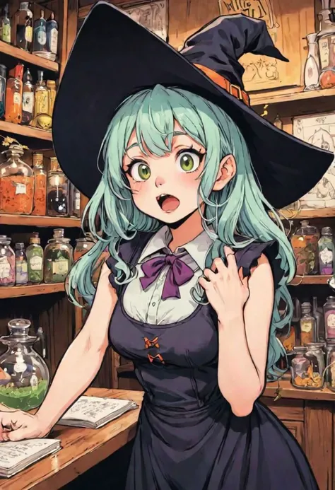 anime, flat inking, thick outline, manga illustrationof a funny witch girl in a magic shop, silly expression