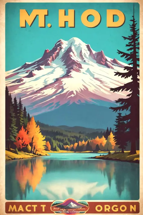 a poster of a mountain with a lake and trees in the foreground