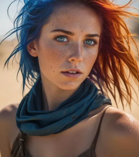 a close up of a woman with blue hair and a scarf