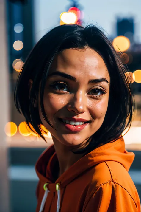 arafed woman in an orange hoodie smiling at the camera