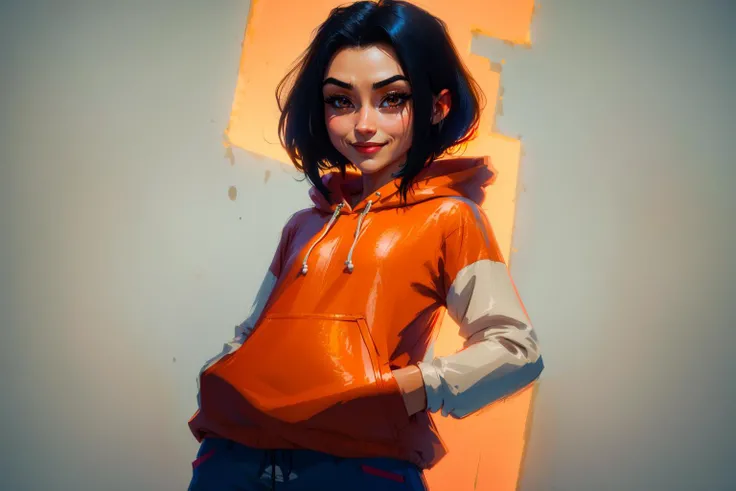 Jade, short black hair, brown eyes, hands in pockets, upper body, smiling, JaOran, orange short sleeved hoodie, white long sleeves, hood down, sneakers , blue pants, cartoon Hong Kong, morning, (insanely detailed, beautiful detailed face, masterpiece, best...