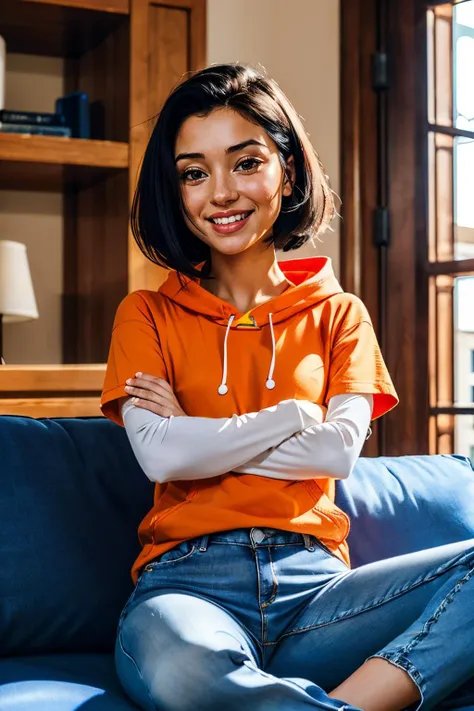 a woman sitting on a couch with her arms crossed