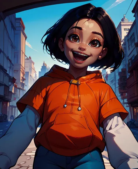 a cartoon girl in an orange hoodie is walking down a street