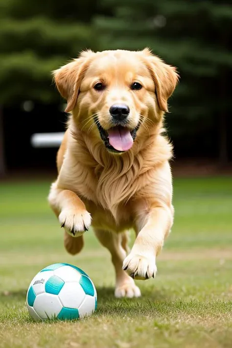 there is a dog that is running with a soccer ball