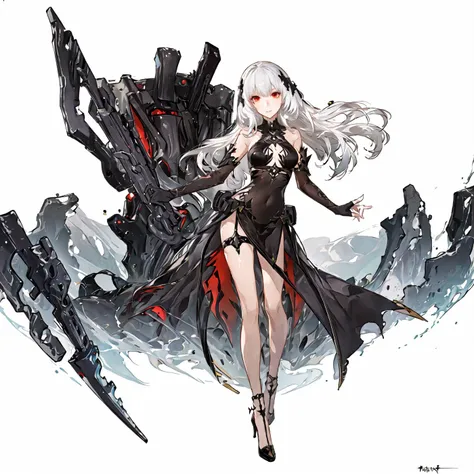 best quality,ultra high res,1girl,solo,full body,black evening gown,elbow gloves,white hair,red eyes,