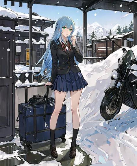 best quality,ultra high res,1girl,solo,full body,snow,city,
blue hair,green eyes,jk,school uniform,