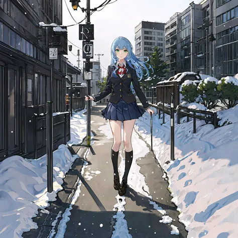 best quality,ultra high res,1girl,solo,full body,snow,city,
blue hair,green eyes,jk,school uniform,